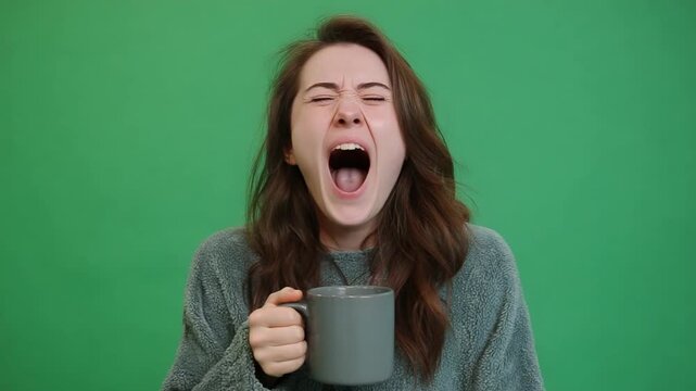 Awakening: A young woman, illuminated by a green backdrop, offers a relatable portrait of the daily morning struggle, clutching a mug while yawning wide. 