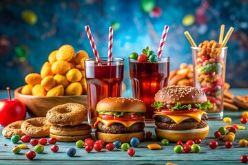 A vibrant spread of burgers, donuts, fries, and drinks