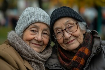 Happy senior twins sitting in a city park and resting after shopping, enjoying each others company and the joy of shared moments in a natural urban setting, Generative AI