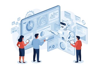 Team collaborates with an ai robot on a digital interface.