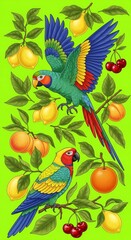 Two colorful parrots amidst branches laden with lemons, oranges, pears, and cherries against a vibrant green background.