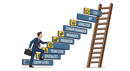 Businessperson ascending a career ladder, illustrating career progression.