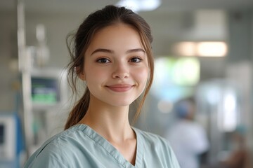 Naklejka premium Portrait of a young nurse in a surgical department, ready to provide expert care and support in a clinical environment, Generative AI