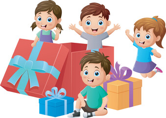 Obraz premium Happy children celebrate birthday and playing inside big gift box