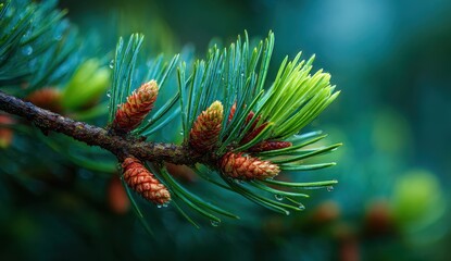 Close up of a pine branch with small cones and new growth