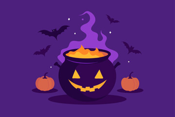 Fototapeta premium Bubbling green potion in spooky black cauldron Halloween design vector illustration