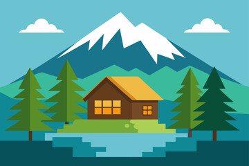 Pine Trees and Lake Surrounding Mountain Cabin