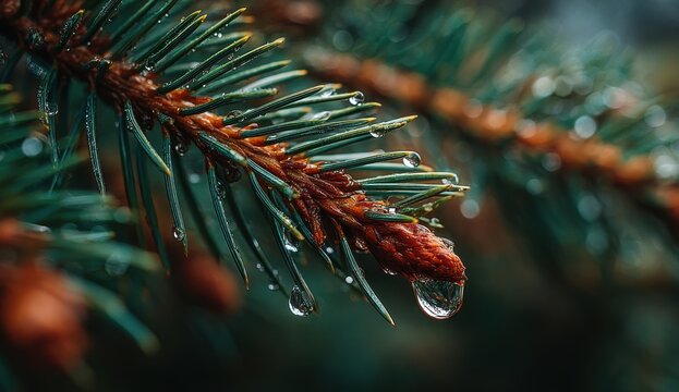 Close up of a Wet Pine Tree Branch with Water Droplets