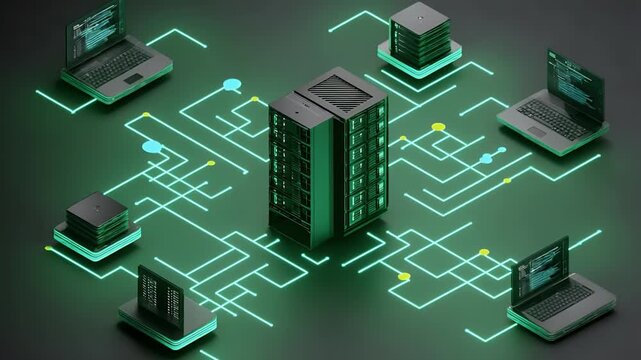 A black background with three large server towers in the middle, surrounded by laptops and two small network cables connecting them. This digital artwork depicts an interconnected network