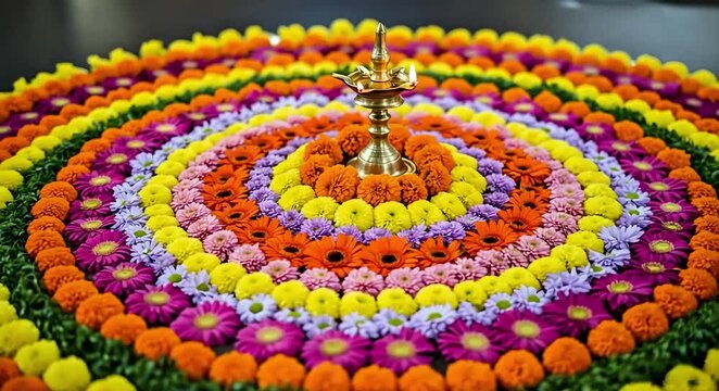Traditional Onam Flower Decoration with Brass Oil Lamp and Colorful Blossoms. Puli Kali Celebration. 