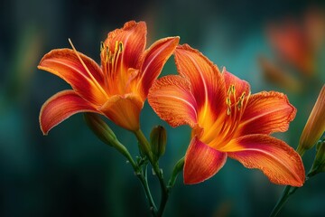 Two vibrant orange lilies glistening with water droplets in soft focus