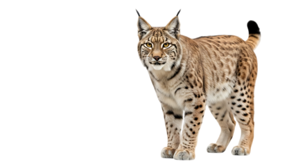 Eurasian lynx standing and looking forward isolated on transparent background