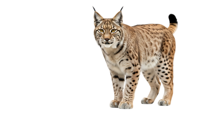 Eurasian lynx standing and looking forward isolated on transparent background