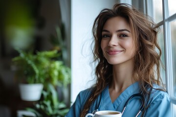 Female nurse enjoying a cup of coffee at home after work, standing by the window,  work-life balance and self-care for healthcare professionals, Generative AI