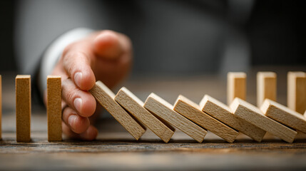 Naklejka premium A businessman’s hand halts falling light beige wooden dominoes on a modern white table. Bright white background with empty caption space, symbolizing control, risk management, and preventing chain rea
