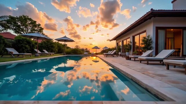 Serene sunset poolside retreat at luxury villa for relaxation and vacation vibes