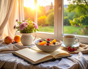 Moody, cinematic still life of a nourishing breakfast spread: oatmeal with sliced fruits, a cup of herbal tea, and a journal, arranged on a cozy window sill with soft, diffused light filtering through