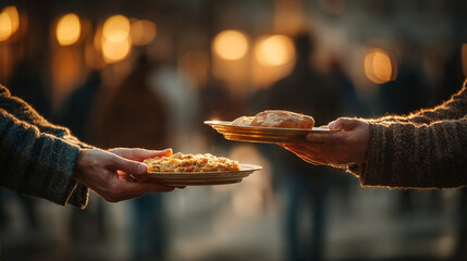 A young volunteer’s gentle hand offers food to a homeless person in warm backlighting. The scene symbolizes compassion, charity, kindness, and humanity, radiating hope and dignity in minimalism.

