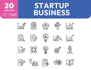Startup Business Line Icons Set with Growth and Innovation Symbols.