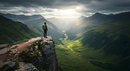 A lone hiker with a backpack stands on a rocky cliff edge, gazing out over a vast, green mountain valley bathed in sunlight filtering through dramatic clouds.
