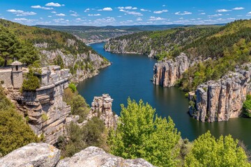 Scenic river valley with cliffs and reservoir