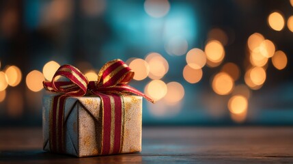 Gift box with red and gold ribbon on wooden table against blurred lights background, Christmas present concept, banner with copy space
