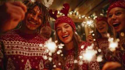 Group of young friends in Christmas sweaters and hat celebrating Christmas with sparklers at home  