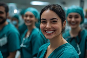 Fototapeta premium Portrait of happy doctors, nurses, and medical staff in a hospital, celebrating their collective efforts in delivering quality healthcare, Generative AI
