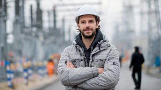 Engineering Precision and Dedication: A confident engineer, with a resolute gaze and arms crossed, stands amidst an industrial landscape.