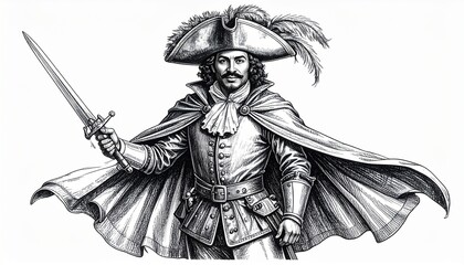 Obraz premium Dramatic Portrait of a Swashbuckler with Sword - Black and White Illustration