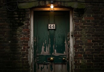 Aged green door with number 44 on a brick wall.
