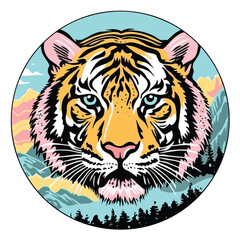 Vibrant Tiger Head Illustration Inside a Circular Frame with Pop Art Style. Wild Feline Portrait