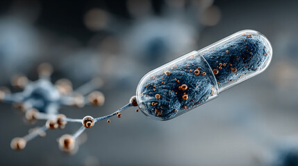 Minimalistic digital pill symbolizing AI-driven precision medicine. Futuristic network background with bright tones and blurred empty space, ideal for healthcare, biotech, and innovation themes.