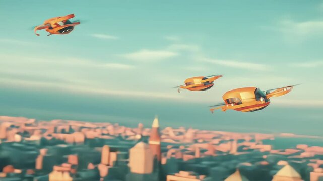 Aerial view of futuristic drones flying over a vibrant city skyline.