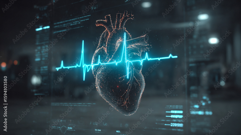 Wall mural futuristic medical background with glowing cyan heart rate graph pulsing on a dark digital screen. i