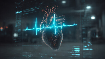 Futuristic medical background with glowing cyan heart rate graph pulsing on a dark digital screen. Includes HUD interface elements and biometric visuals. Minimal layout with caption space on the side.