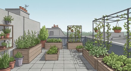 Rooftop Garden with Plants in Planters and Trellis Structures