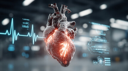 Futuristic medical background with glowing cyan heart rate graph pulsing on a dark digital screen. Includes HUD interface elements and biometric visuals. Minimal layout with caption space on the side.