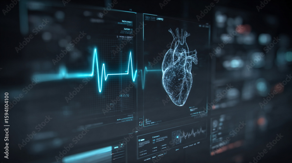 Wall mural futuristic medical background with glowing cyan heart rate graph pulsing on a dark digital screen. i
