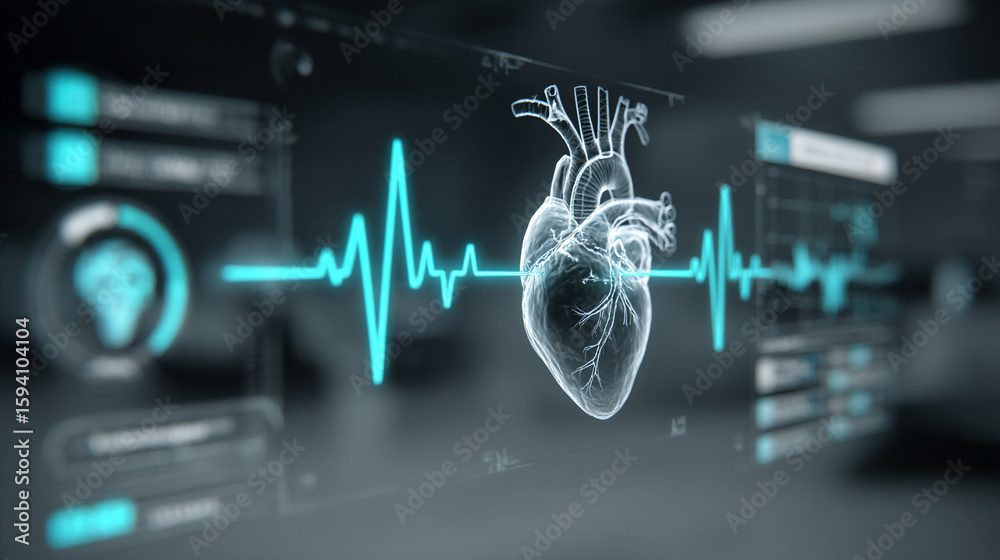 Wall mural futuristic medical background with glowing cyan heart rate graph pulsing on a dark digital screen. i