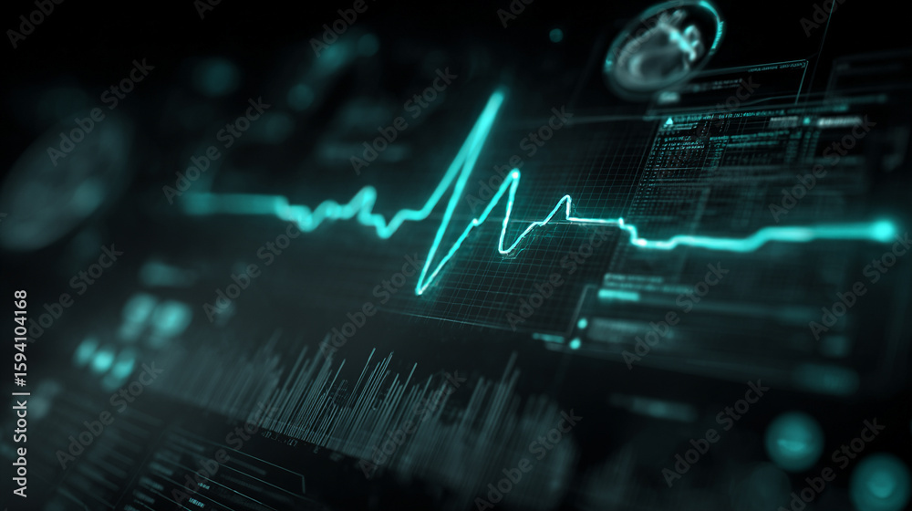 Wall mural futuristic medical background with glowing cyan heart rate graph pulsing on a dark digital screen. i