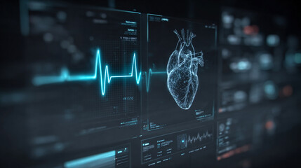 Futuristic medical background with glowing cyan heart rate graph pulsing on a dark digital screen. Includes HUD interface elements and biometric visuals. Minimal layout with caption space on the side.