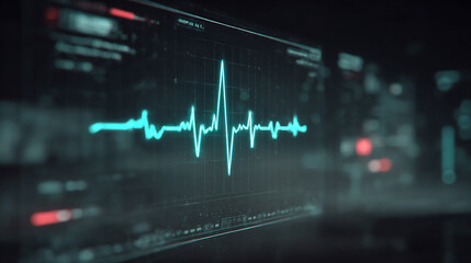 Futuristic medical background with glowing cyan heart rate graph pulsing on a dark digital screen. Includes HUD interface elements and biometric visuals. Minimal layout with caption space on the side.