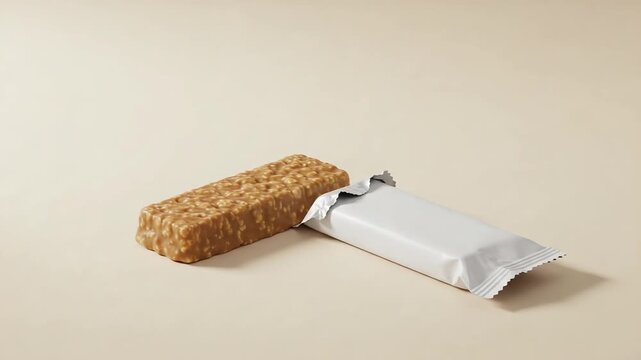 Close-up of a snack bar with packaging on beige surface