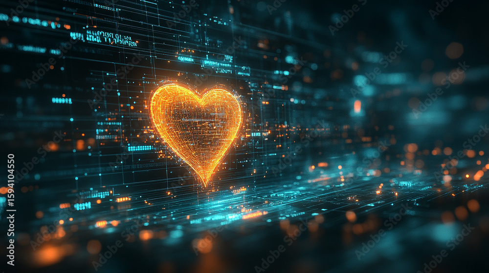 Wall mural futuristic medical background with glowing cyan heart rate graph pulsing on a dark digital screen. i