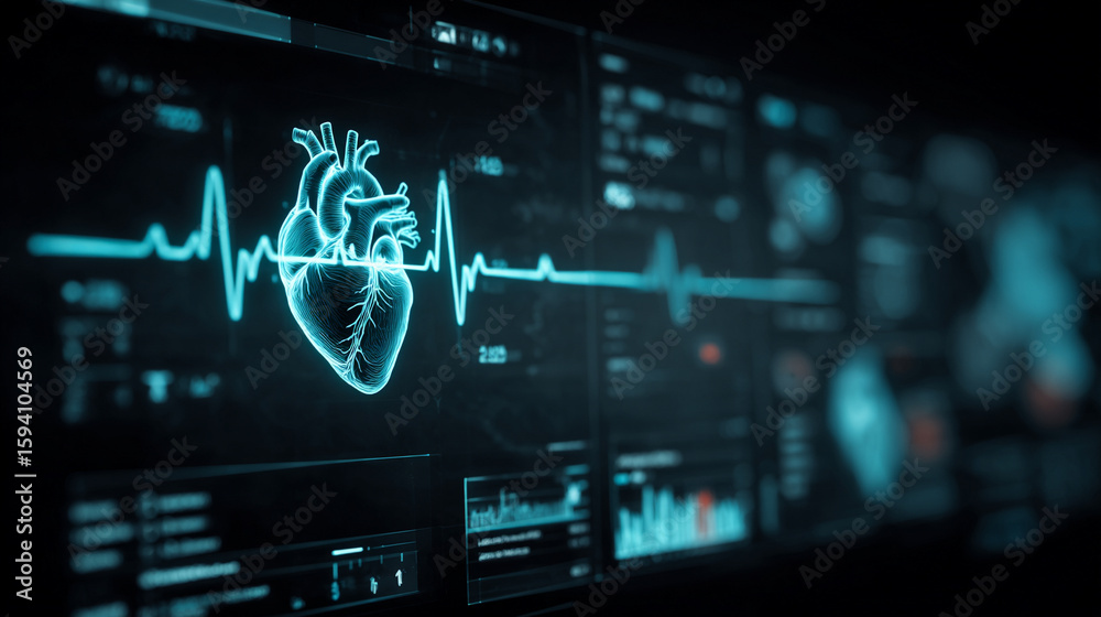 Wall mural futuristic medical background with glowing cyan heart rate graph pulsing on a dark digital screen. i