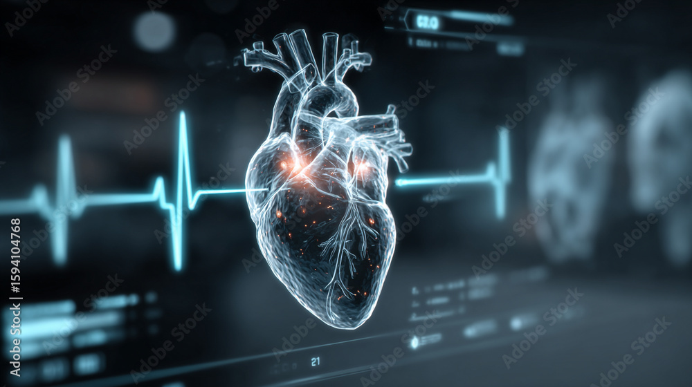 Wall mural futuristic medical background with glowing cyan heart rate graph pulsing on a dark digital screen. i