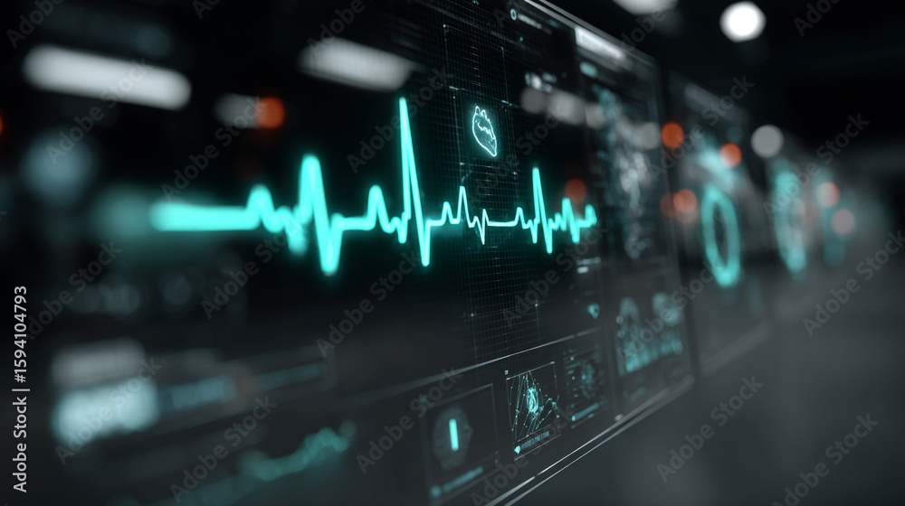 Wall mural futuristic medical background with glowing cyan heart rate graph pulsing on a dark digital screen. i