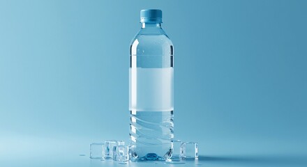 Cold Water Bottle with Blank Label, Blue Cap, and Ice Cubes on Blue