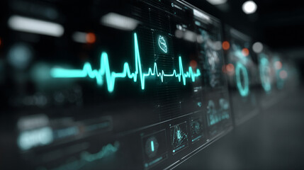 Futuristic medical background with glowing cyan heart rate graph pulsing on a dark digital screen. Includes HUD interface elements and biometric visuals. Minimal layout with caption space on the side.